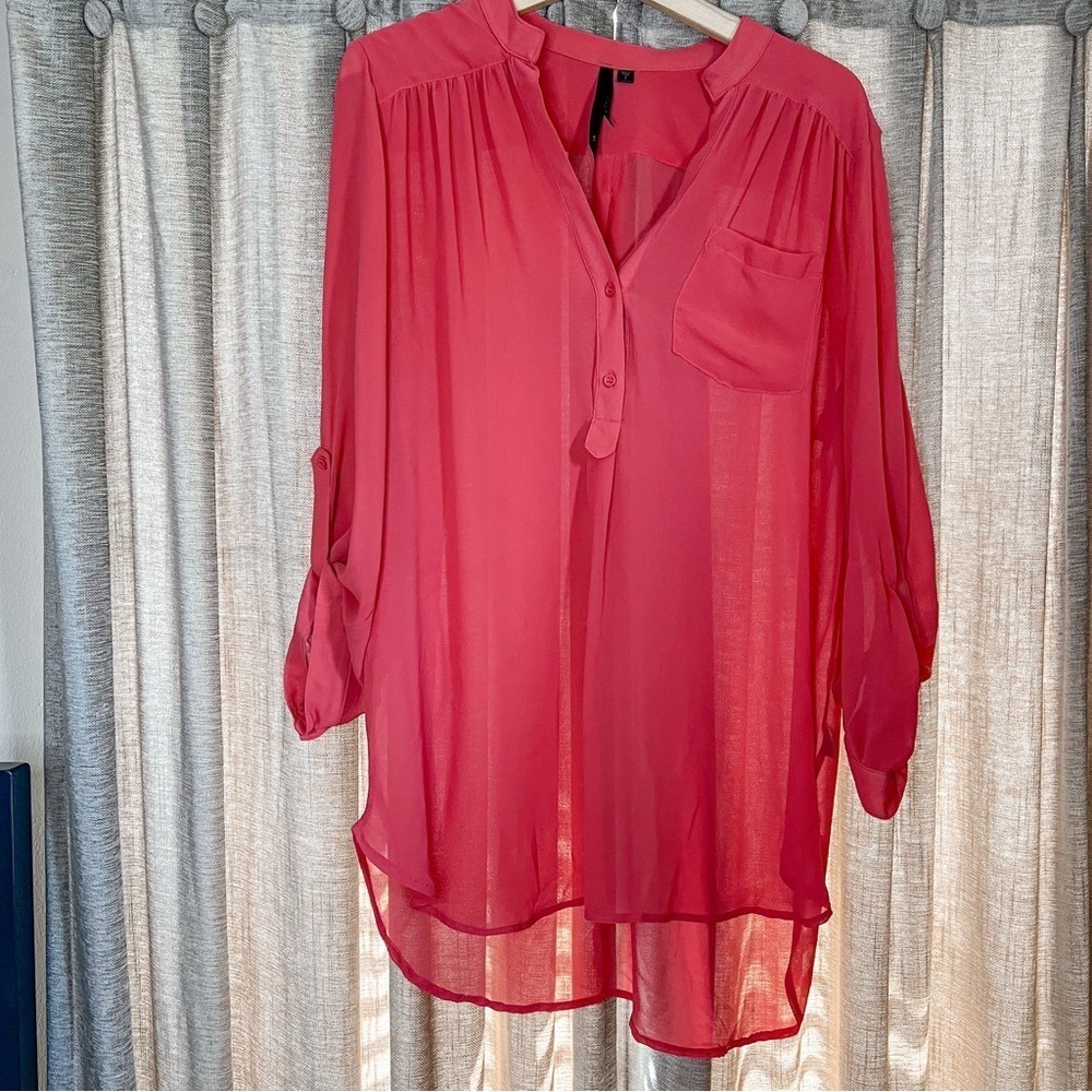 Sheer Pink Tunic Length Blouse with Rolled Sleeves Size Large